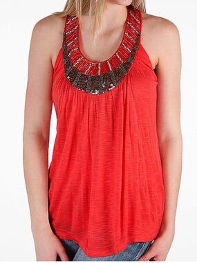 Miss Me T-Back Tank Top Coral Chiffon with Embellished Neckline Scoop Neck Small